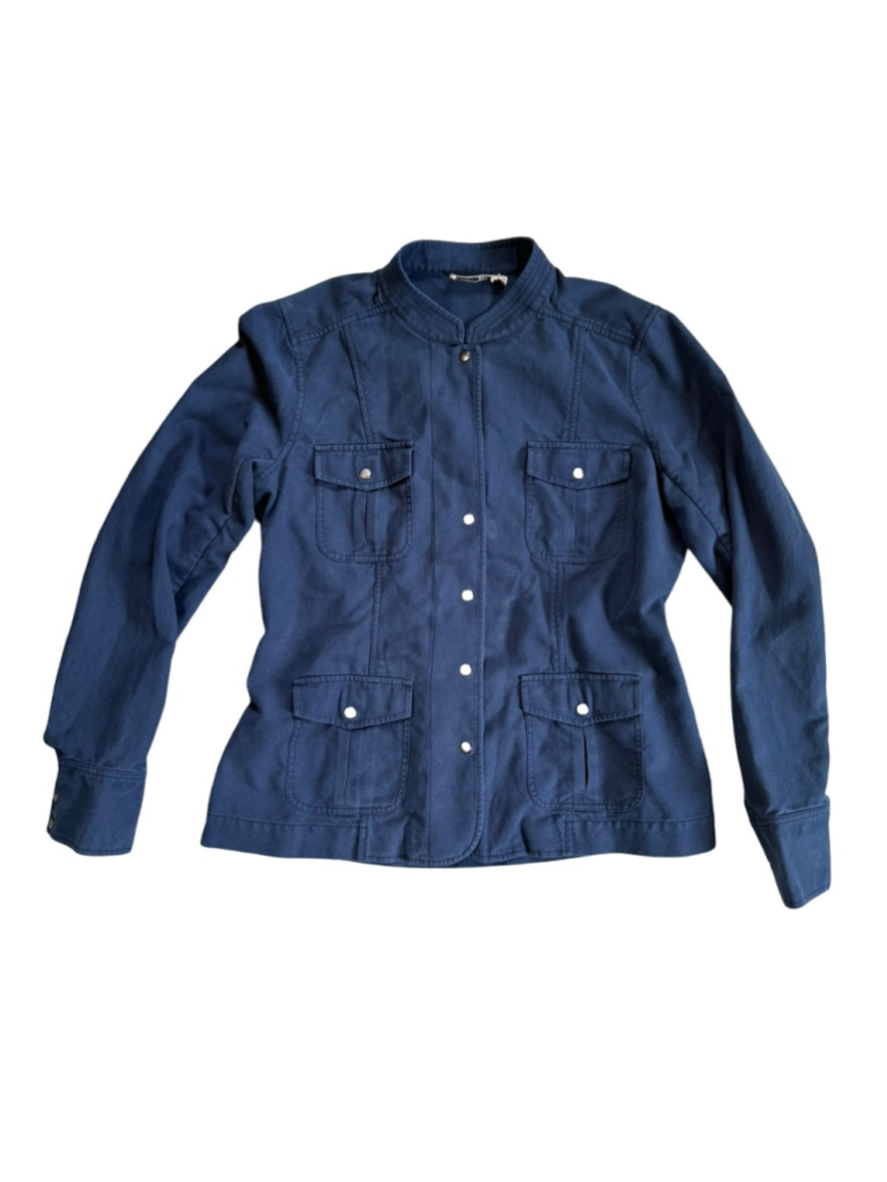 GO by GoSilk Navy Blue Washable Silk Utility Military Jacket Snap Front M